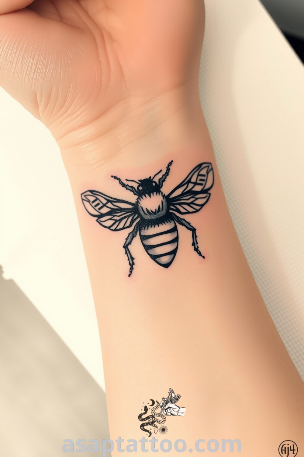 Intricate runic bee tattoo with elegant linework and geometric patterns, showcasing beautiful contrast against light skin. A gorgeous tattoo idea you must see to believe. asaptattoo.com