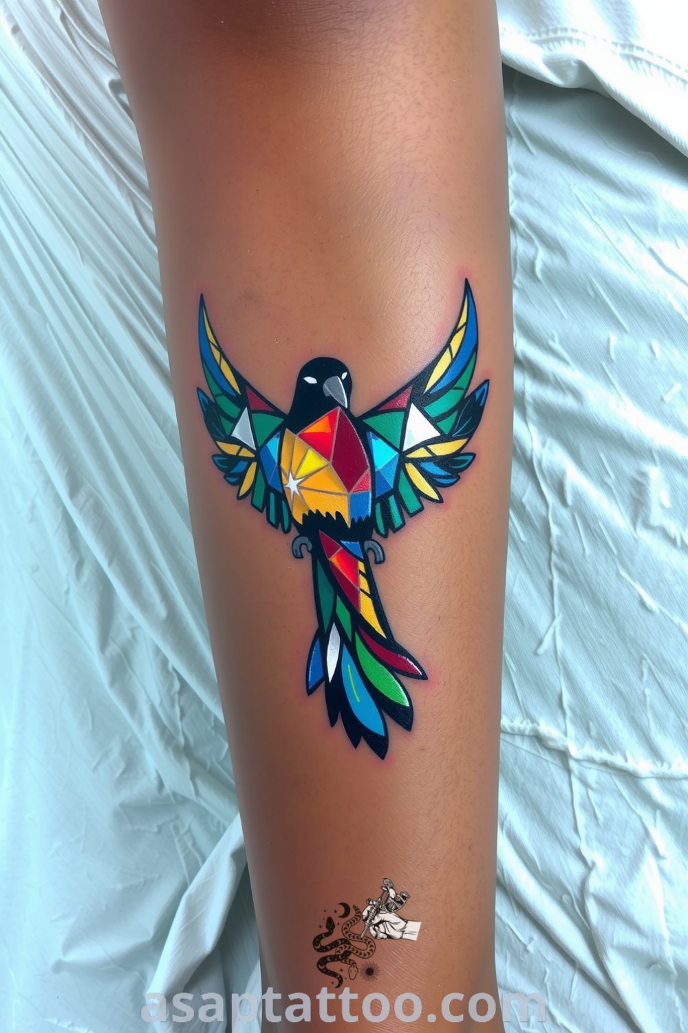 Mosaic bird tattoo with intricate geometric patterns and vibrant colors, expertly designed to evoke movement and elegance. An inspiring tattoo idea you must see to believe. asaptattoo.com