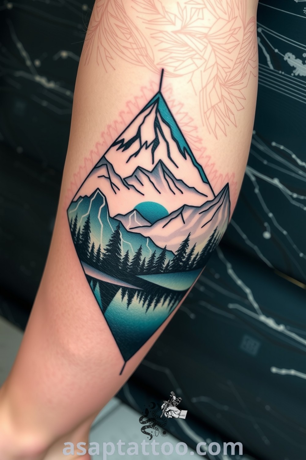 Cyberpunk tattoo design on calf featuring geometric lines and organic shapes in teal and blue. An amazing and inspiring tattoo you must see, showcasing a fusion of nature and futuristic elements. asaptattoo.com