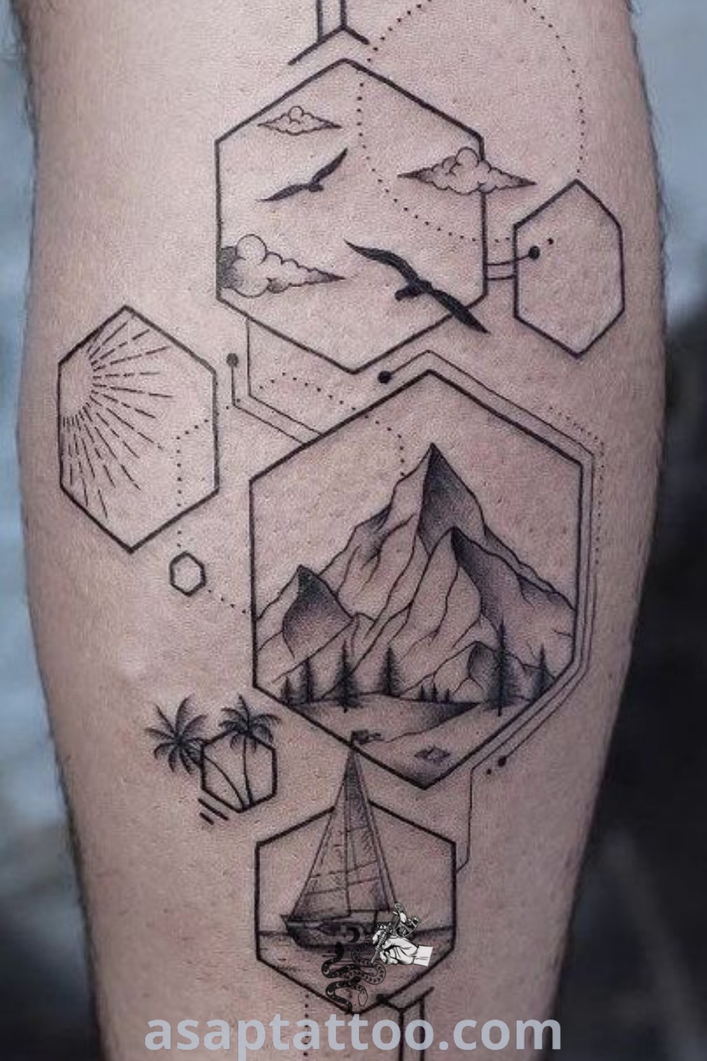 Mountain ocean forest tattoo featuring fine line geometric designs on a man