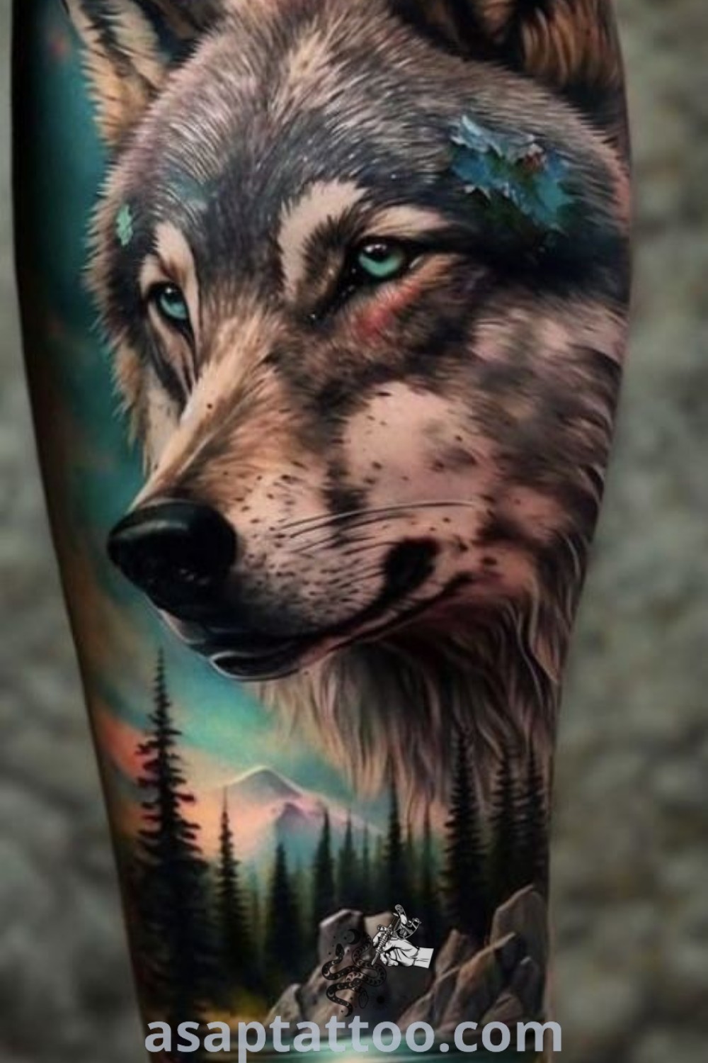 A man's leg sporting a colorful wolf tattoo design with mountains in the background. This captivating wolf tattoo is ideal for anyone searching for wolf sleeve and half sleeve tattoos to decorate their body with. Discover more unique tattoo ideas at asaptattoo.com.