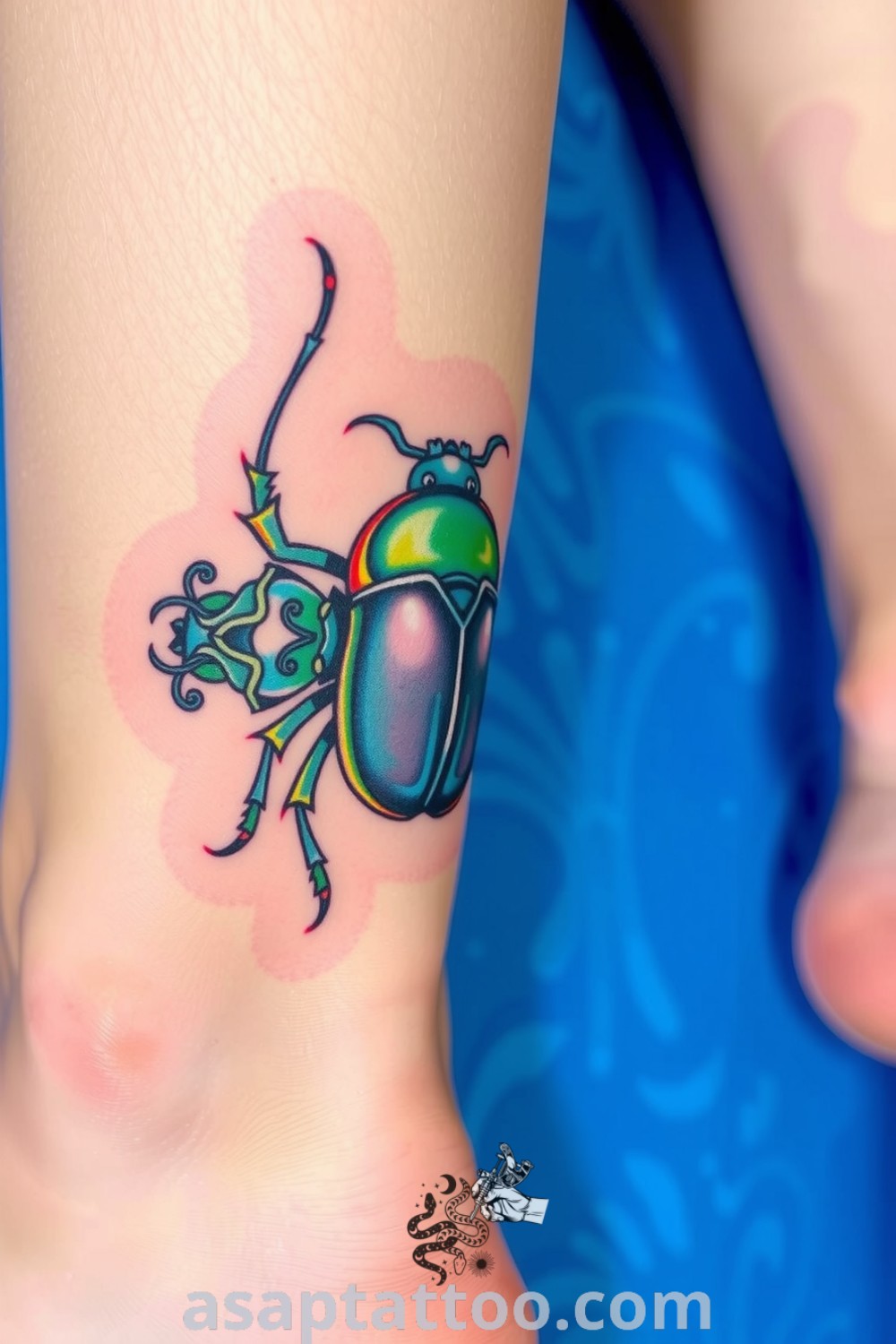 Mystical beetle tattoo with intricate linework and vibrant blue and green colors, symbolizing transformation and protection. A gorgeous tattoo idea you must see to believe. asaptattoo.com