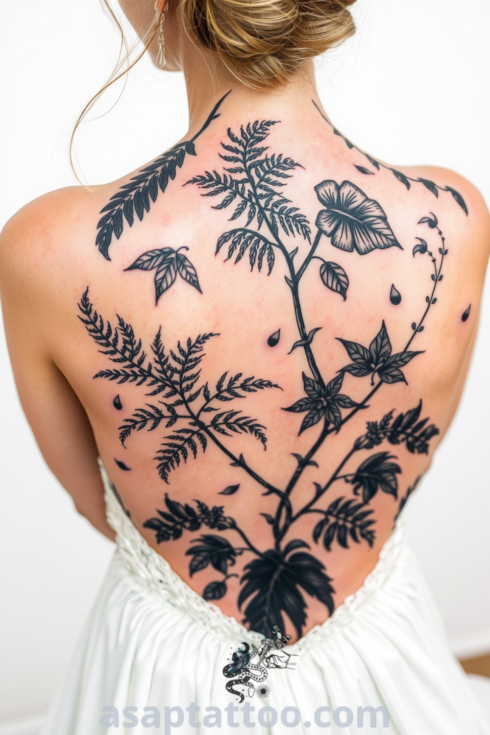 Intricate black work tattoo of ferns and leaves on the bride