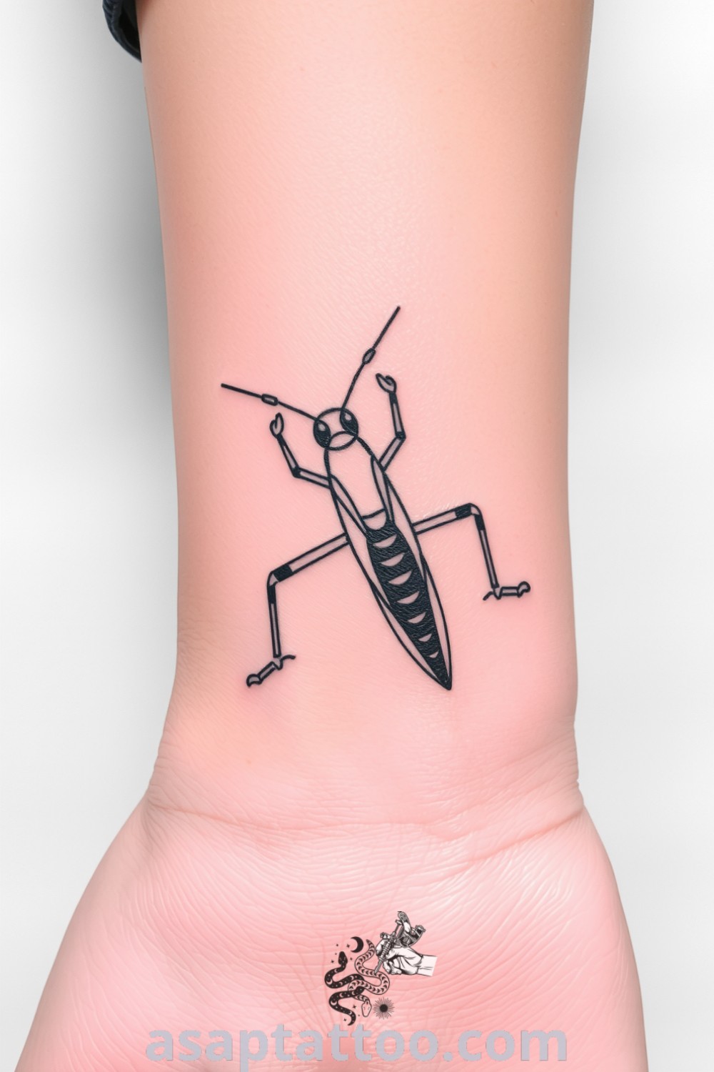 Etched grasshopper tattoo displaying intricate details in black and gray, symbolizing agility and resilience. An amazing tattoo idea you must see to believe. asaptattoo.com