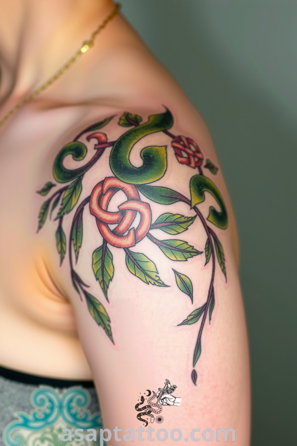 Celtic plants tattoo on the shoulder featuring intertwining knots and sacred flora in deep greens and earthy browns. A gorgeous tattoo that will inspire you to get inked. asaptattoo.com