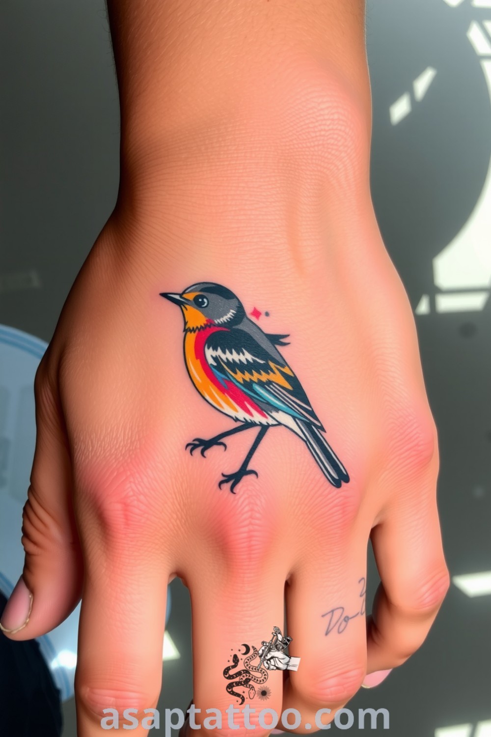 Digital glitch bird tattoo of a vibrant robin with distorted pixels and vivid colors, showcasing a unique blend of technology and nature. An amazing tattoo idea you must see to believe. asaptattoo.com