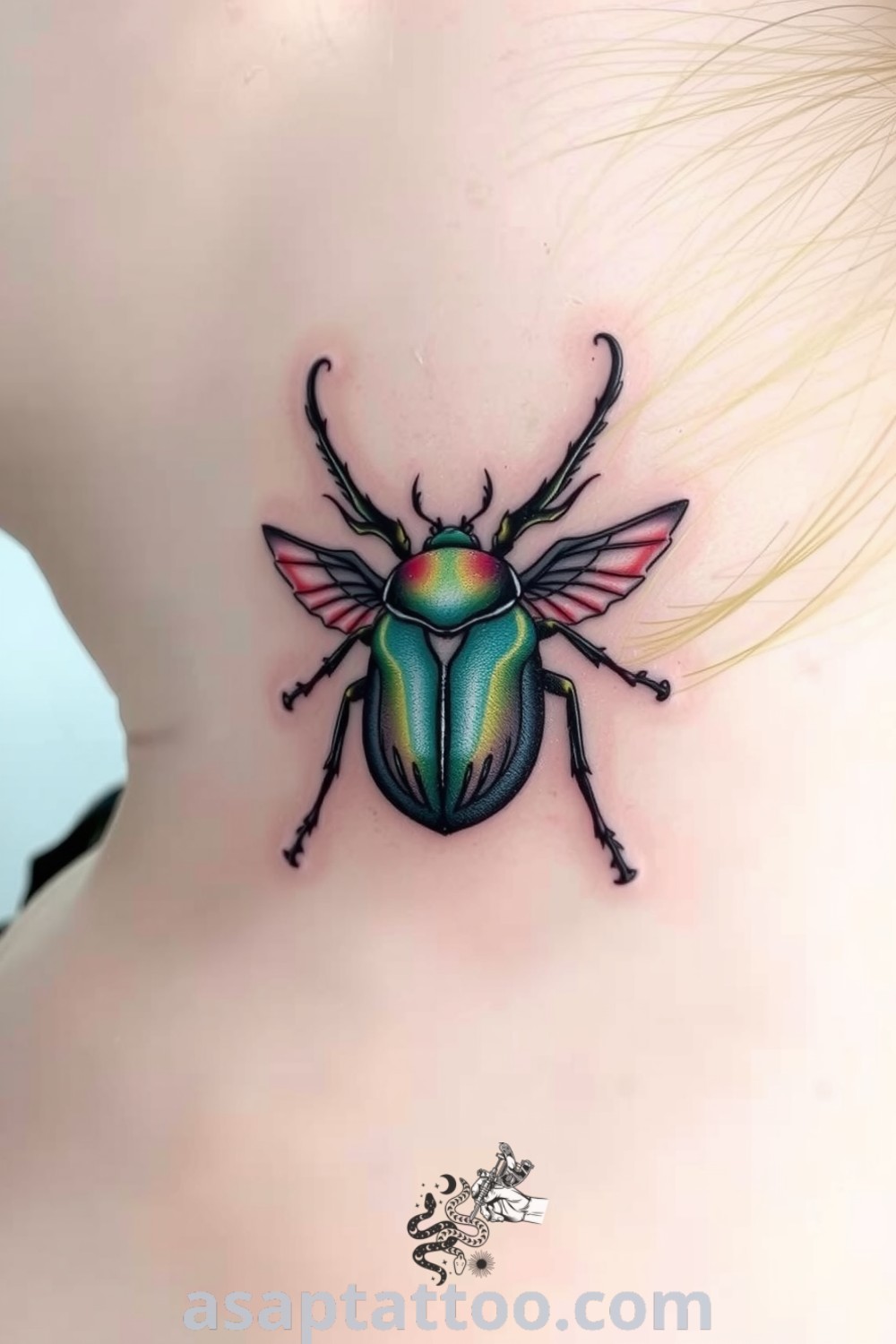 Ethereal beetle tattoo on the collarbone showcasing intricate linework and iridescent greens and blues. A gorgeous tattoo that embodies beauty and transformation, you must see this amazing design. asaptattoo.com