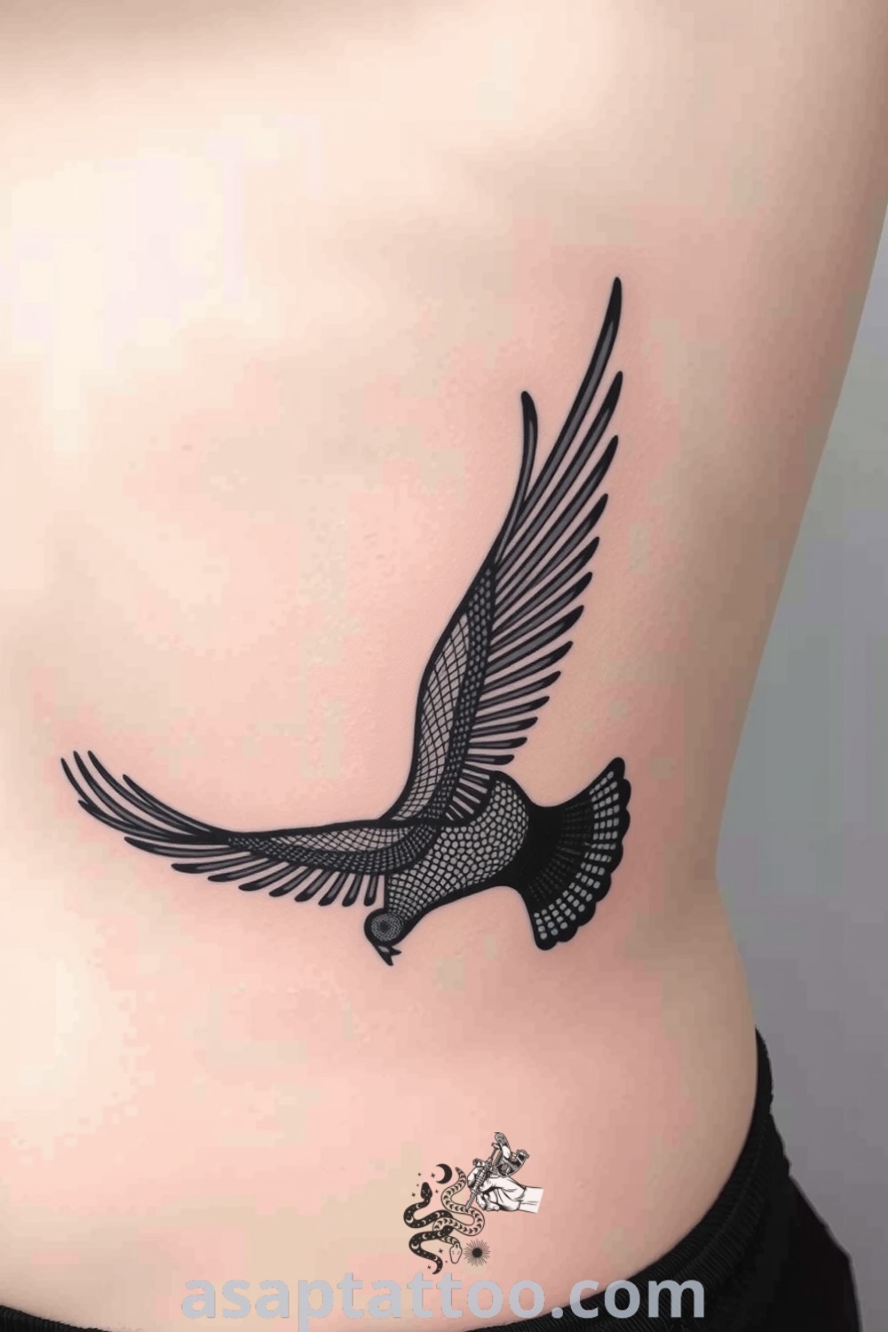 Dotwork bird tattoo in black ink on ribcage, featuring intricate patterns and smooth gradients symbolizing freedom. An amazing tattoo idea that you must see to believe. asaptattoo.com