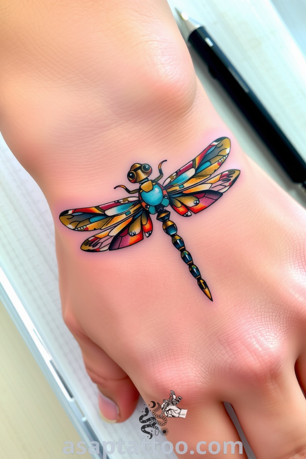 Steampunk dragonfly tattoo with intricate linework in bronze and teal, featuring mechanical details and lifelike shading. A gorgeous tattoo idea you must see to believe. asaptattoo.com