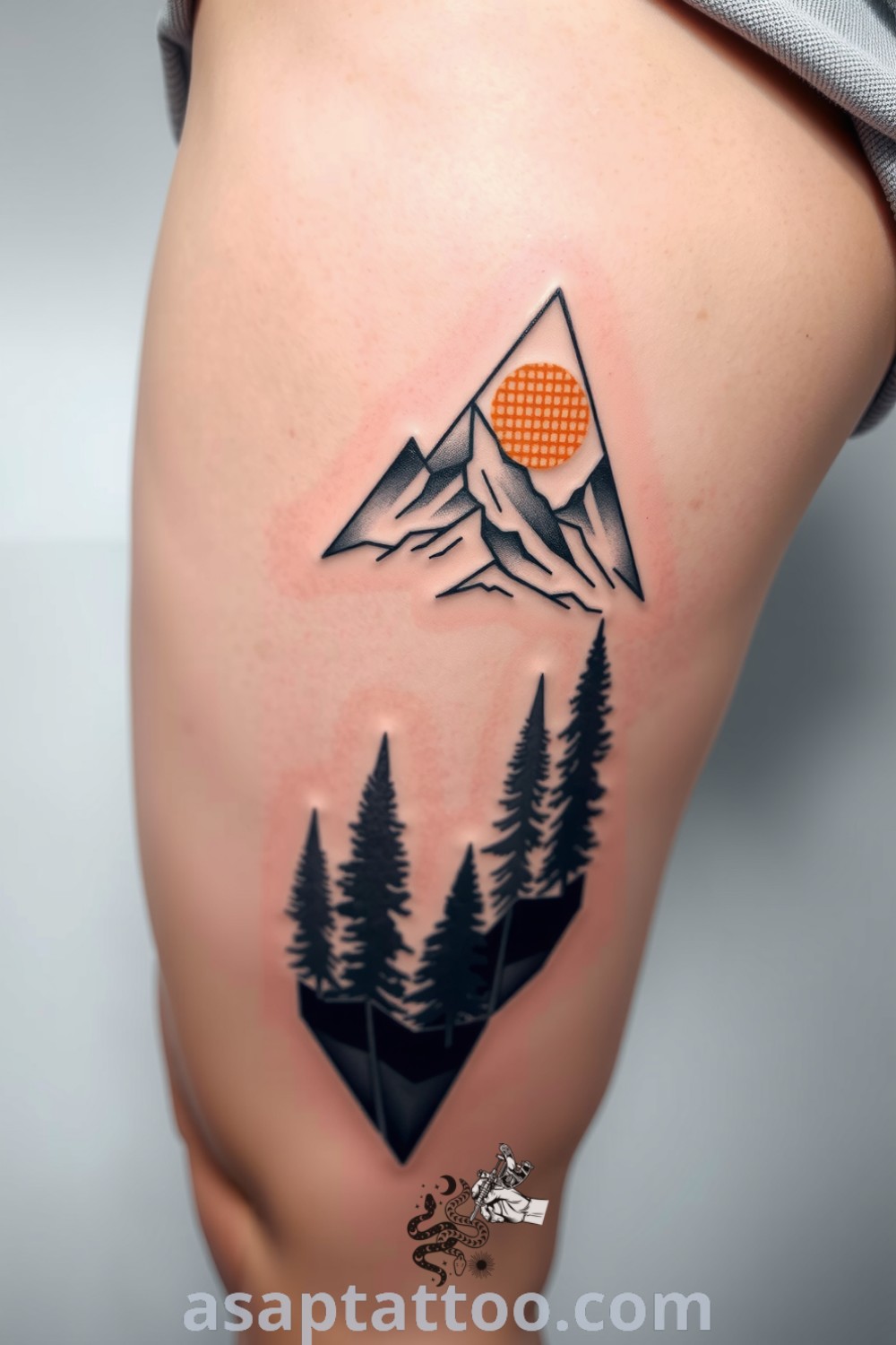 Geometric forest tattoo with intricate linework, layered trees, and sharp mountain peaks in deep greens and earthy browns. A stunning tattoo idea you must see to believe. asaptattoo.com