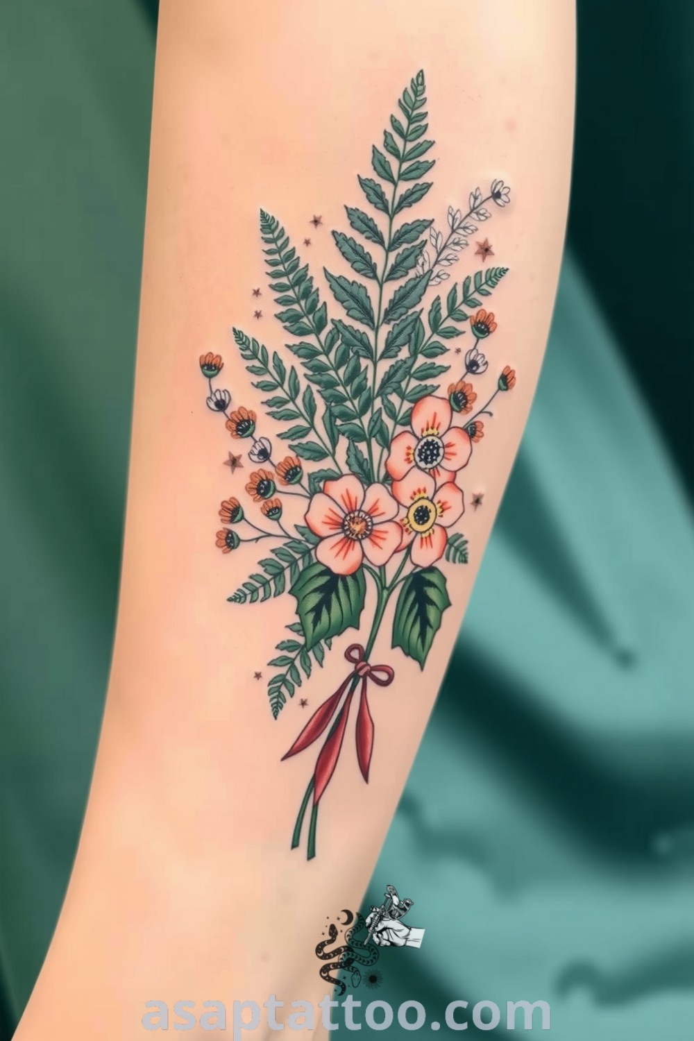 Botanical calf tattoo featuring hand-drawn ferns and wildflowers in deep greens and earth tones. An elegant and inspiring tattoo idea you must see to believe. asaptattoo.com