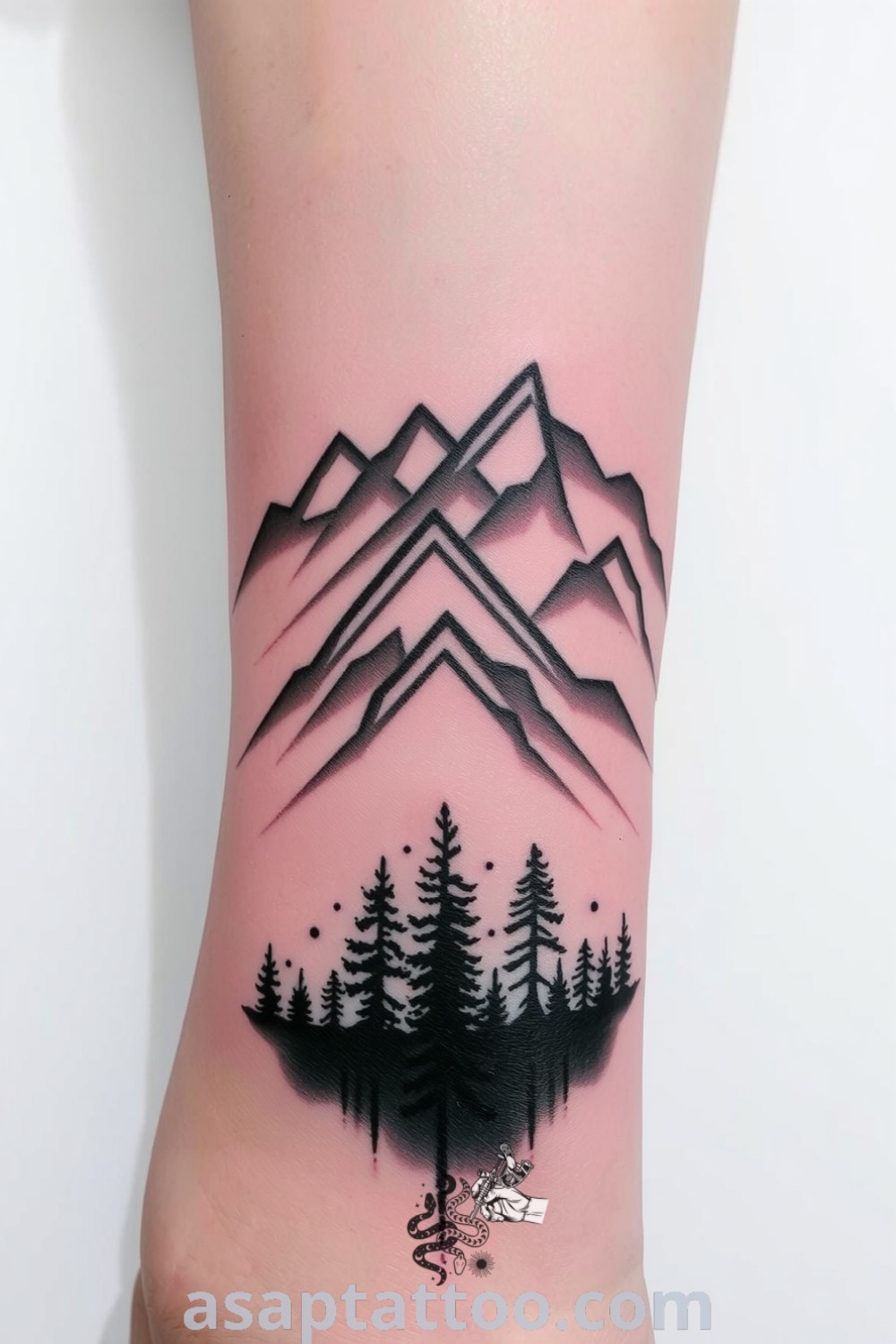 Dotwork tattoo depicting mountains and a dense forest wrapping around the wrist, showcasing intricate patterns and shading. A gorgeous tattoo idea to inspire you with its artistic depth. asaptattoo.com