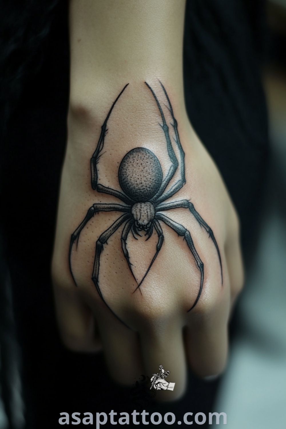 Black and gray spider tattoo with intricate linework and realistic shading, showcasing depth and movement. An elegant tattoo idea that you will absolutely love. asaptattoo.com