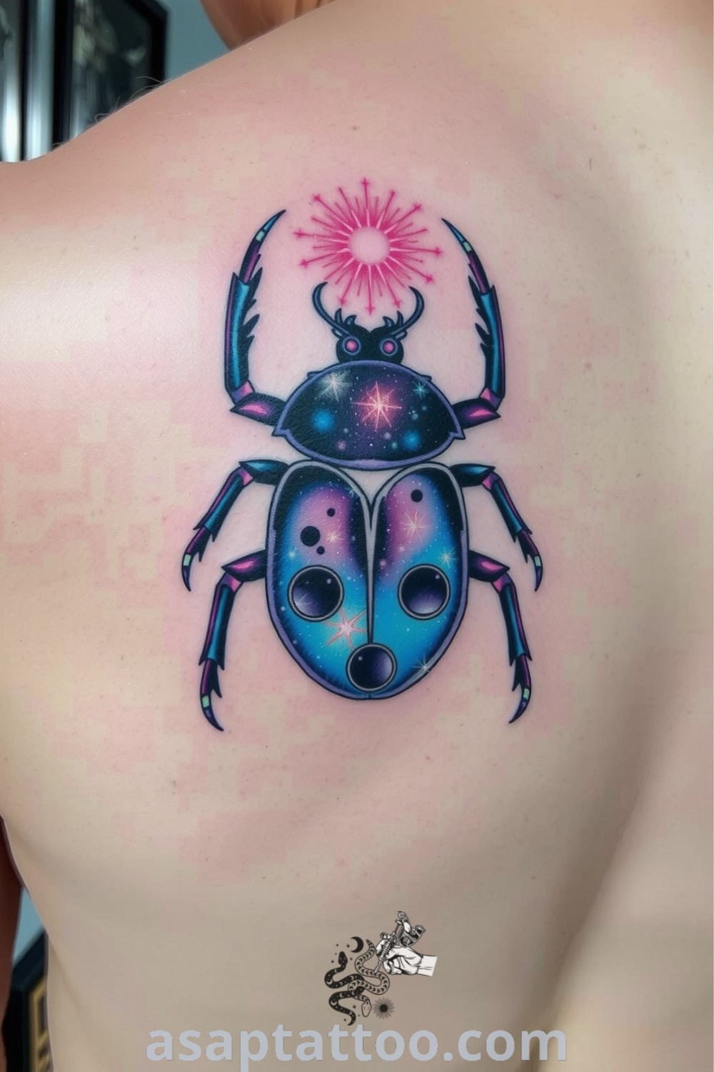 Cosmic beetle tattoo on upper back with deep blues and purples, showcasing intricate details and celestial gradients. This elegant design reflects a personal connection to the cosmos, making it one of the best tattoo ideas you have to see to believe. asaptattoo.com