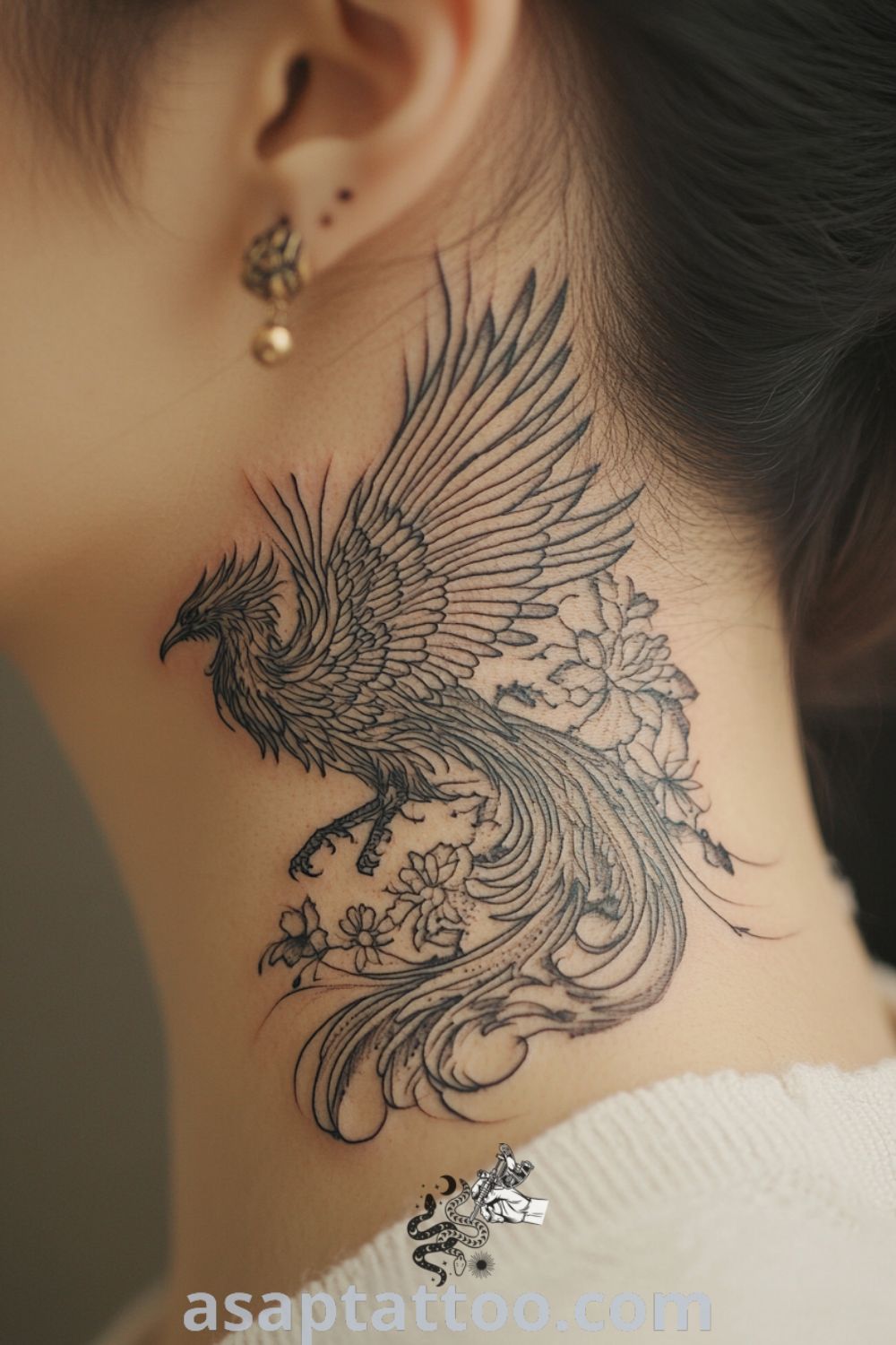 Celestial phoenix tattoo on the side of the bride
