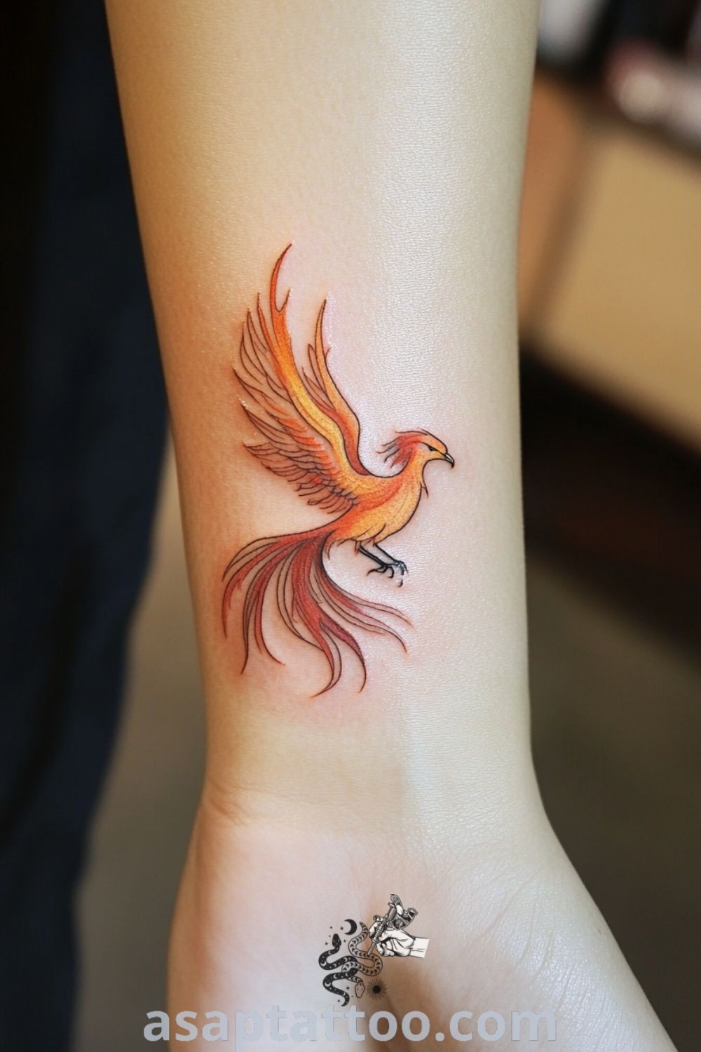 Minimalist phoenix tattoo in elegant silhouette with gradients of orange and red, symbolizing rebirth and strength. A gorgeous tattoo idea you must see to believe. asaptattoo.com