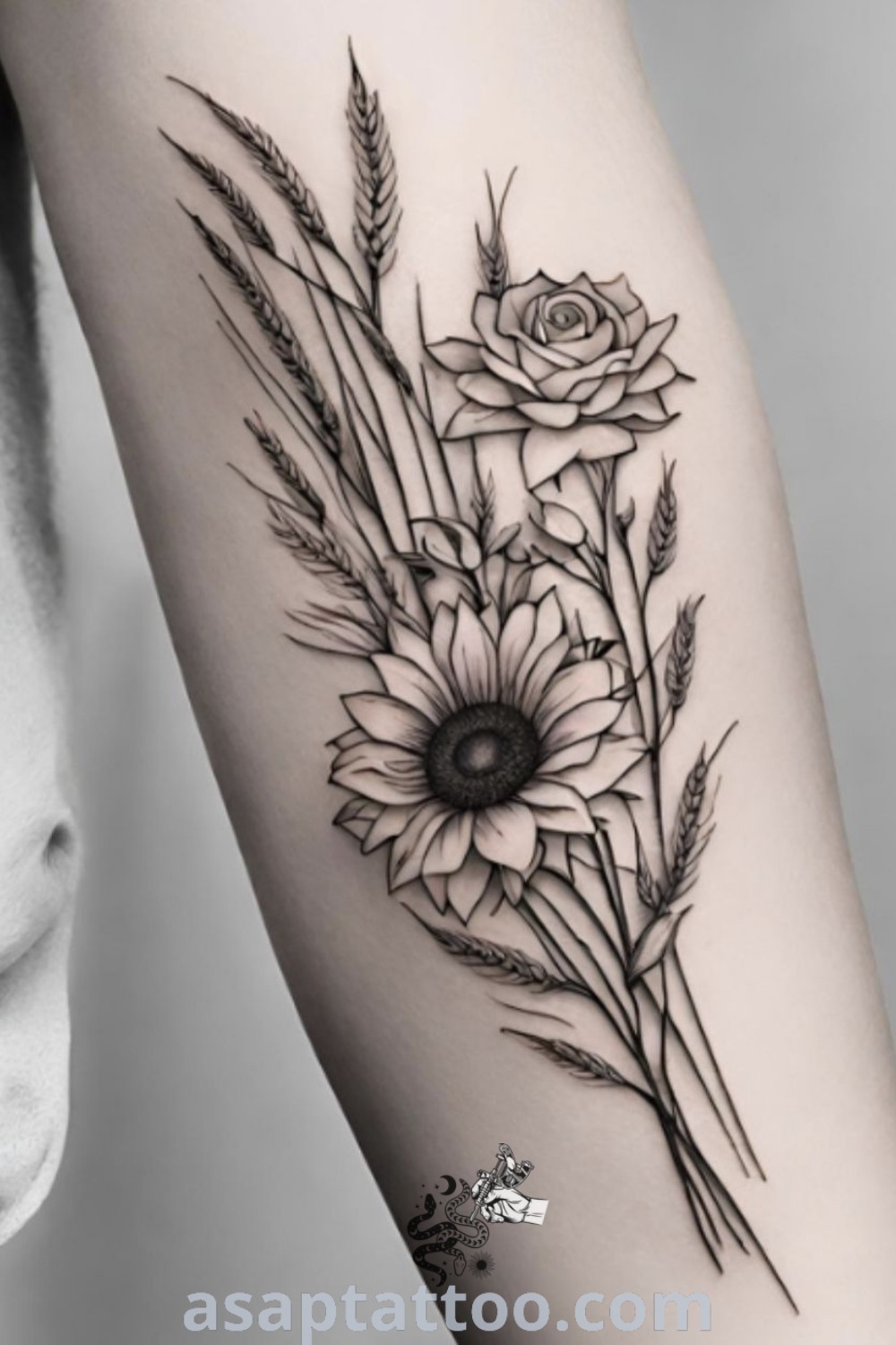 Black and white photo of a beautiful flower tattoo depicting a western bouquet with sunflowers and wheat, perfect for women’s farming sleeve tattoos. Discover elegant country thigh tattoos and more amazing designs at asaptattoo.com.