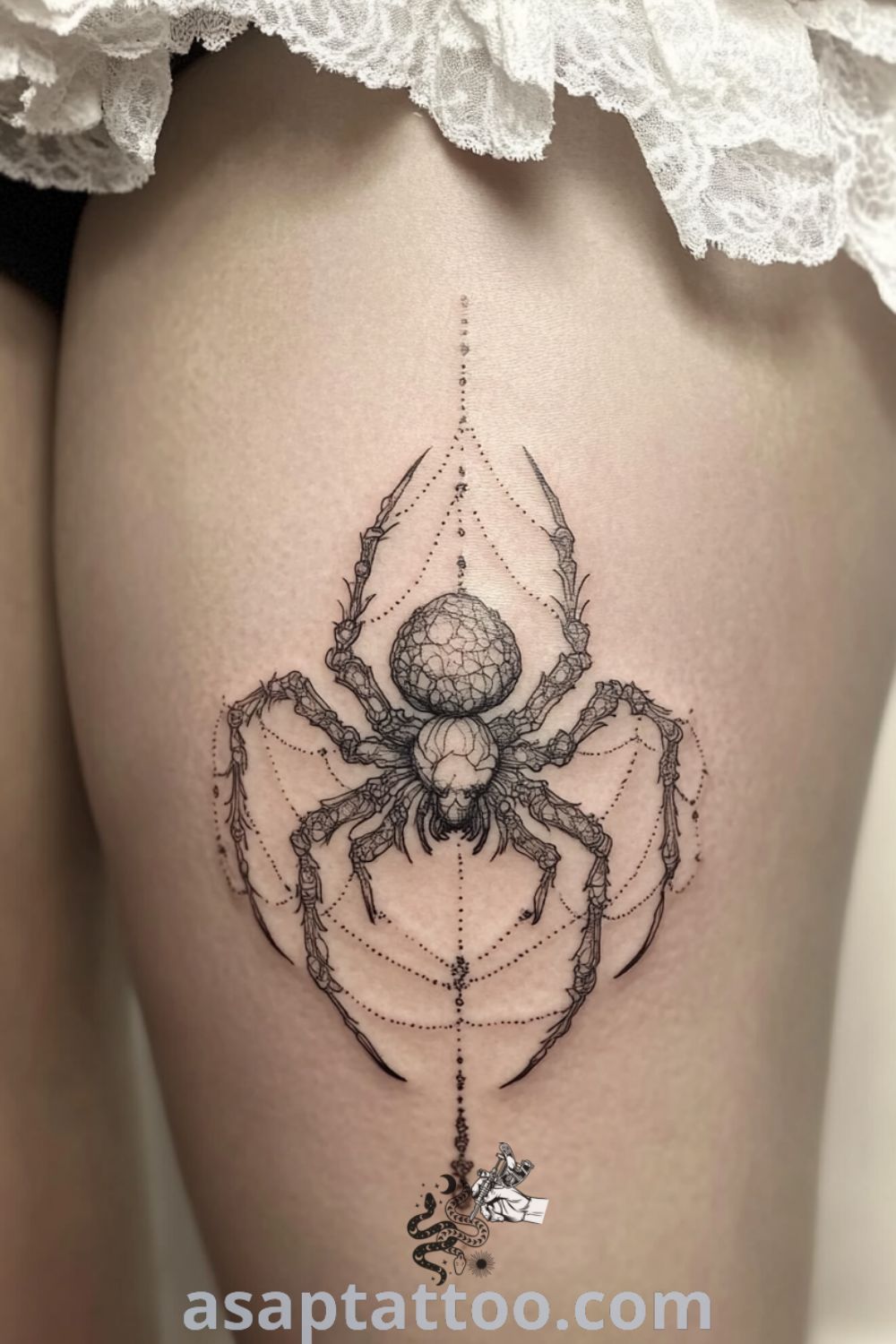 Intricate lace spider tattoo on thigh with delicate linework, deep black ink, and soft shadowing creating a three-dimensional effect. A gorgeous tattoo idea you must see to believe. asaptattoo.com