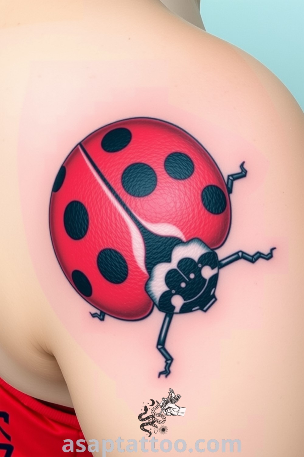 A vintage ladybug tattoo with bold black spots and a rich red body, featuring intricate shading and fine linework on delicate wings. An inspiring tattoo idea you must see to believe. asaptattoo.com