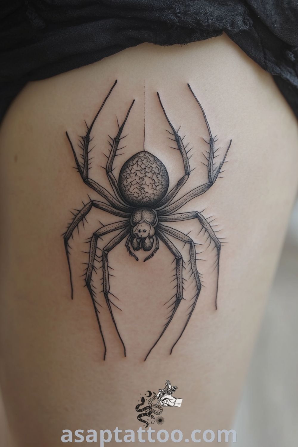Blackwork spider tattoo on thigh with intricate details and gradients of black. A gorgeous and inspiring tattoo idea to decorate your body with. asaptattoo.com