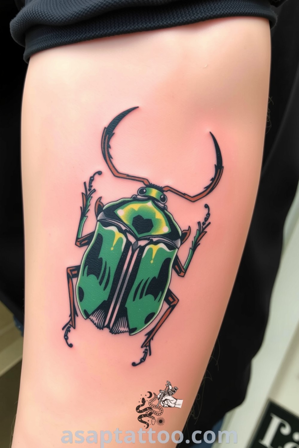Japanese beetle tattoo featuring intricate linework in emerald greens and blacks, designed for elegance and strength. An amazing tattoo idea you must see! asaptattoo.com