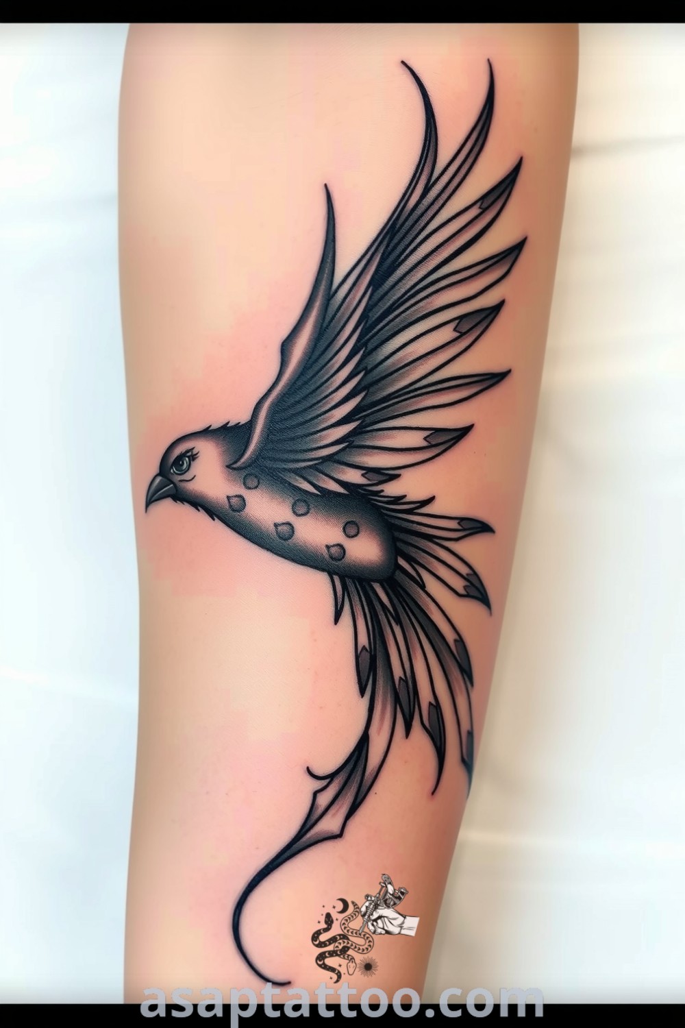 Gothic bird tattoo featuring intricate linework and deep black ink, embodying freedom and mystery. A gorgeous tattoo idea you must see to believe. asaptattoo.com