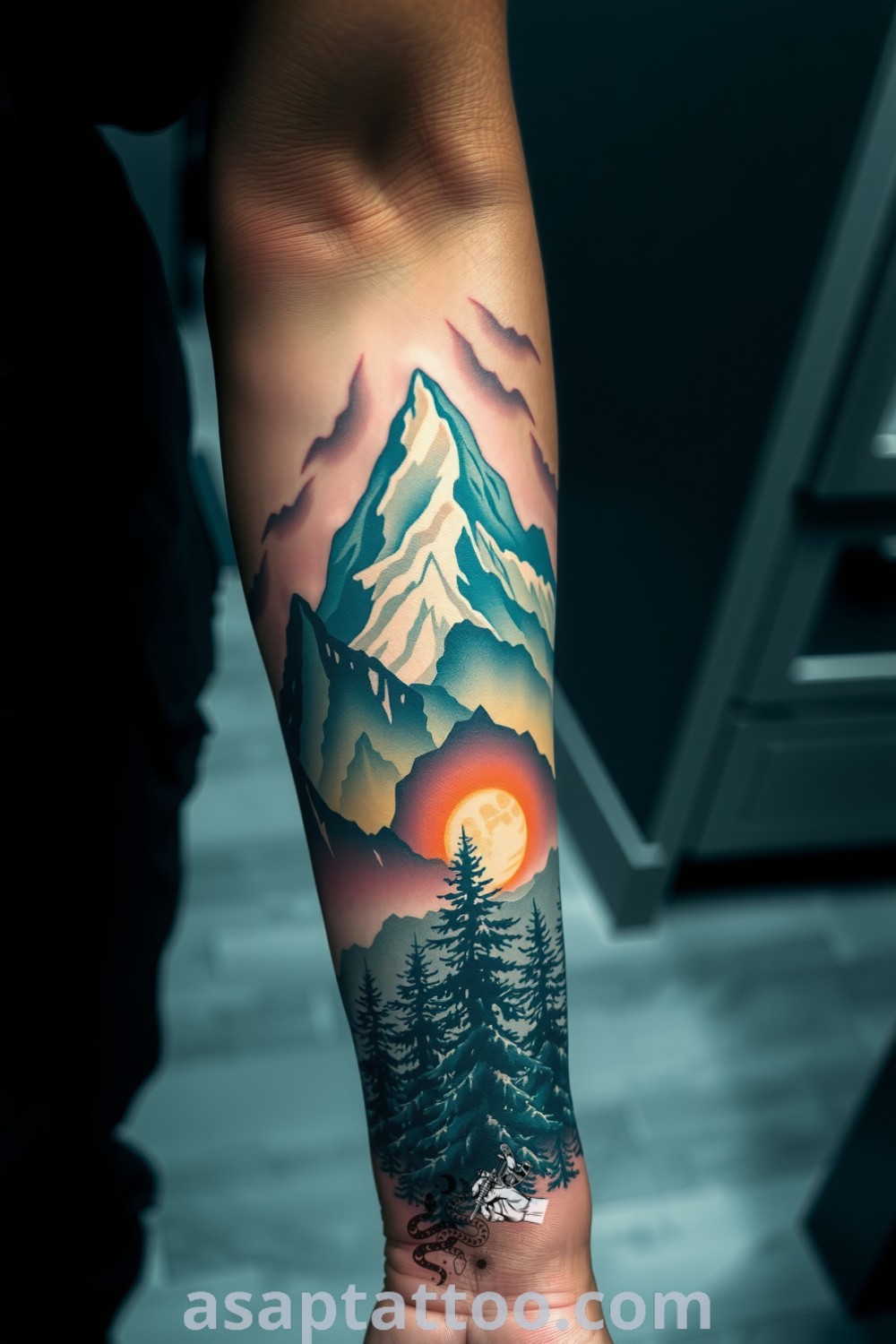 Realistic tattoo of majestic mountains and serene forest with intricate detailing and lifelike textures, showcasing beautiful greens and greys. A gorgeous tattoo idea you must see to believe. asaptattoo.com