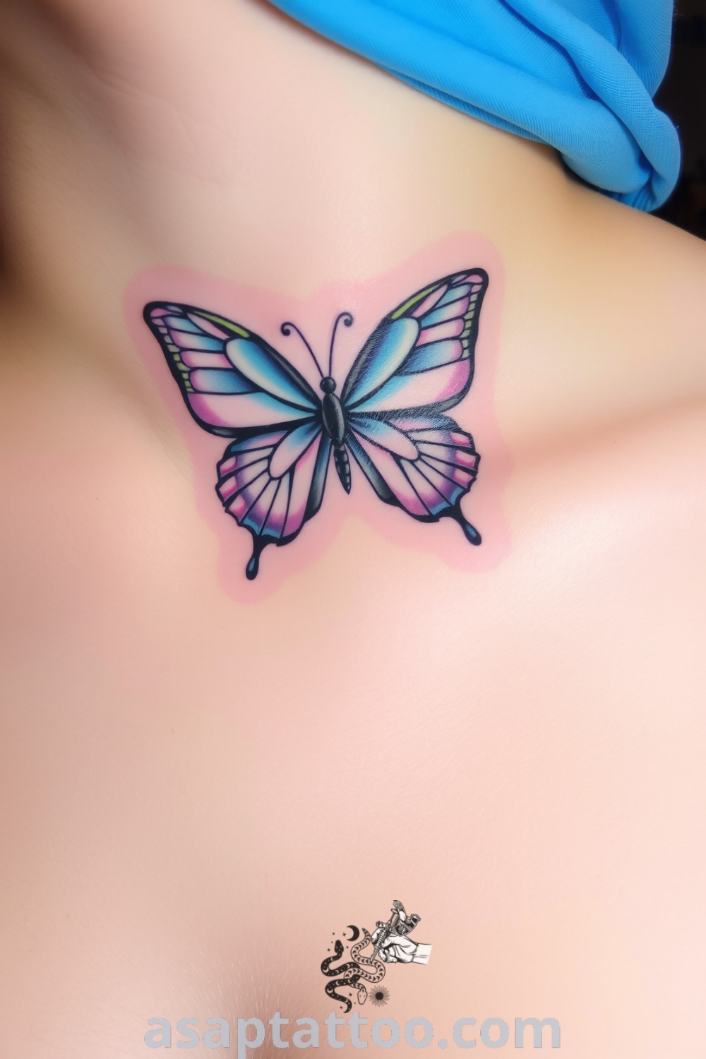 Ethereal butterfly neck tattoo with lavender to soft blue gradient and intricate linework, showcasing an elegant design that symbolizes transformation and freedom. Amazing tattoo ideas you must see to believe. asaptattoo.com