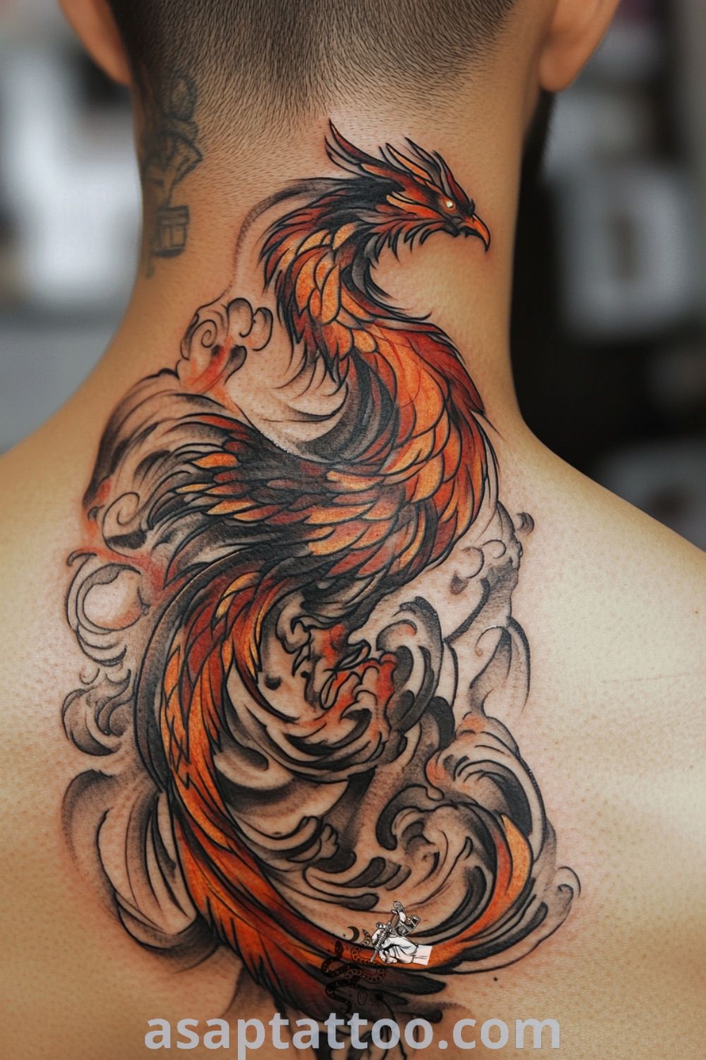 Smoke-style phoenix tattoo elegantly wrapping around the neck with gradient red, orange, and black colors. A gorgeous tattoo idea that symbolizes resilience and rebirth, you must see it to believe it. asaptattoo.com