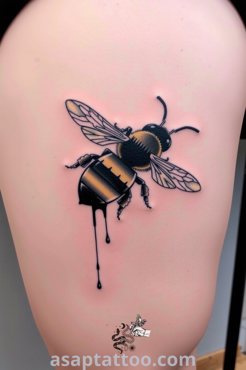 Intricate ink-drip bee tattoo featuring bold linework, gentle shading, and organic ink drips, showcasing a lively design you must see. asaptattoo.com