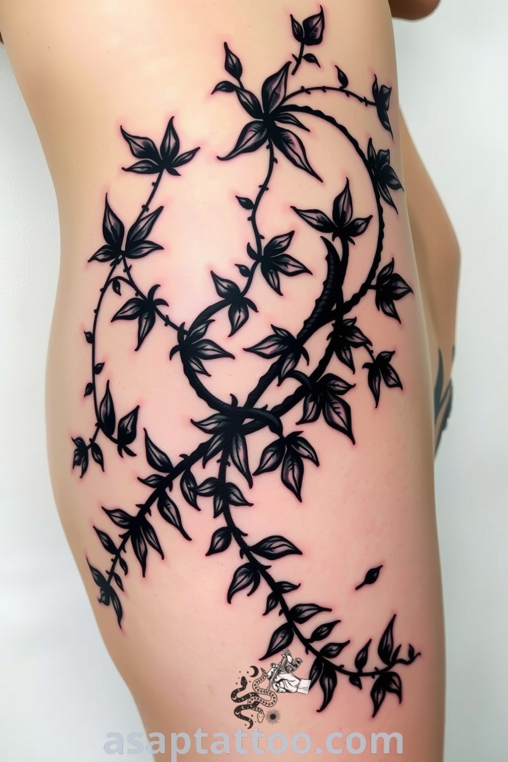 Blackwork tattoo of intertwining dark foliage on ribcage with bold linework and subtle gradients. An inspiring design that combines natural beauty with gothic energy, perfect for anyone considering meaningful body art. asaptattoo.com