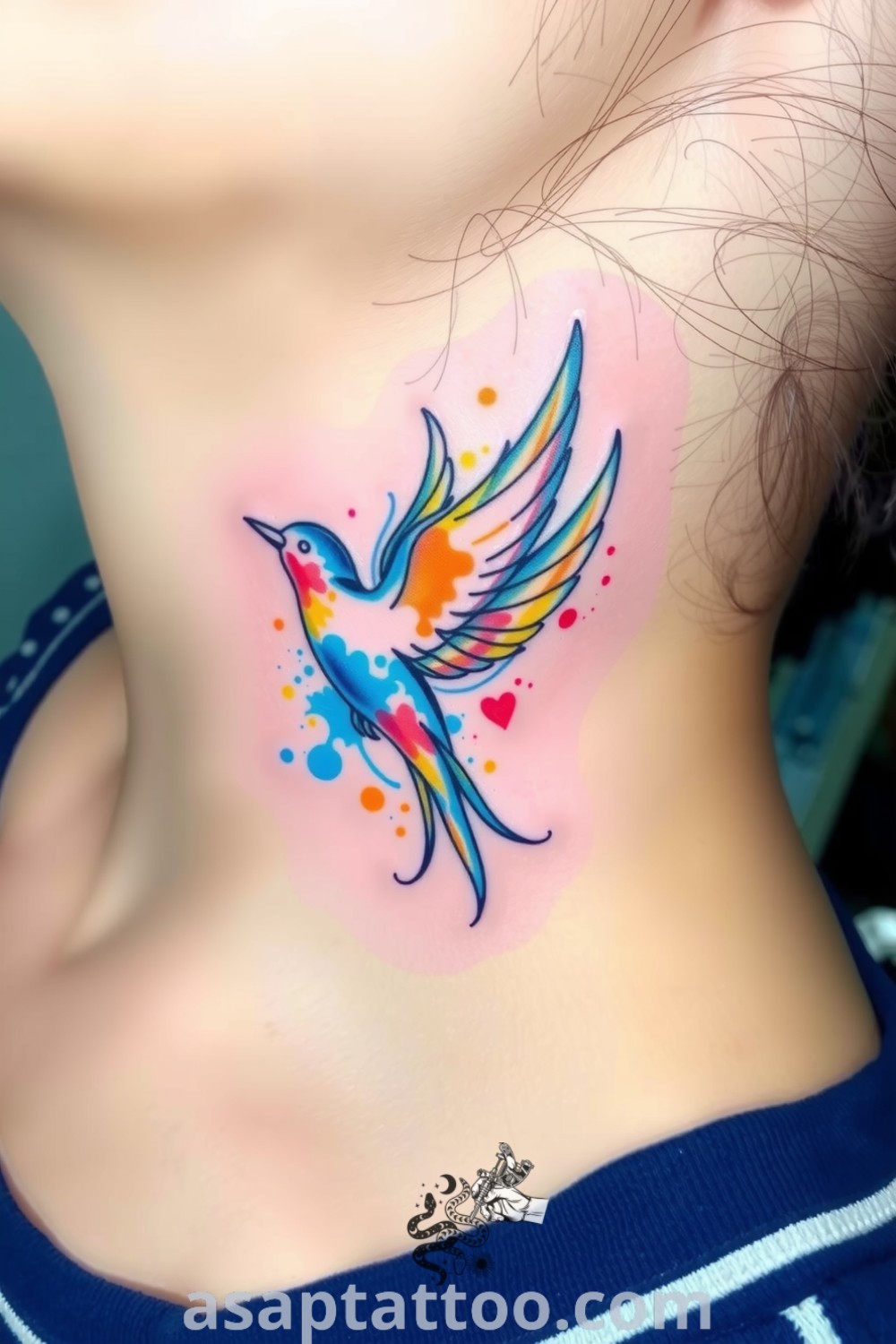 Watercolor bird tattoo on the neck showcasing blue, yellow, and orange hues with intricate linework and a sense of movement. A gorgeous tattoo idea that will inspire you to get inked. asaptattoo.com