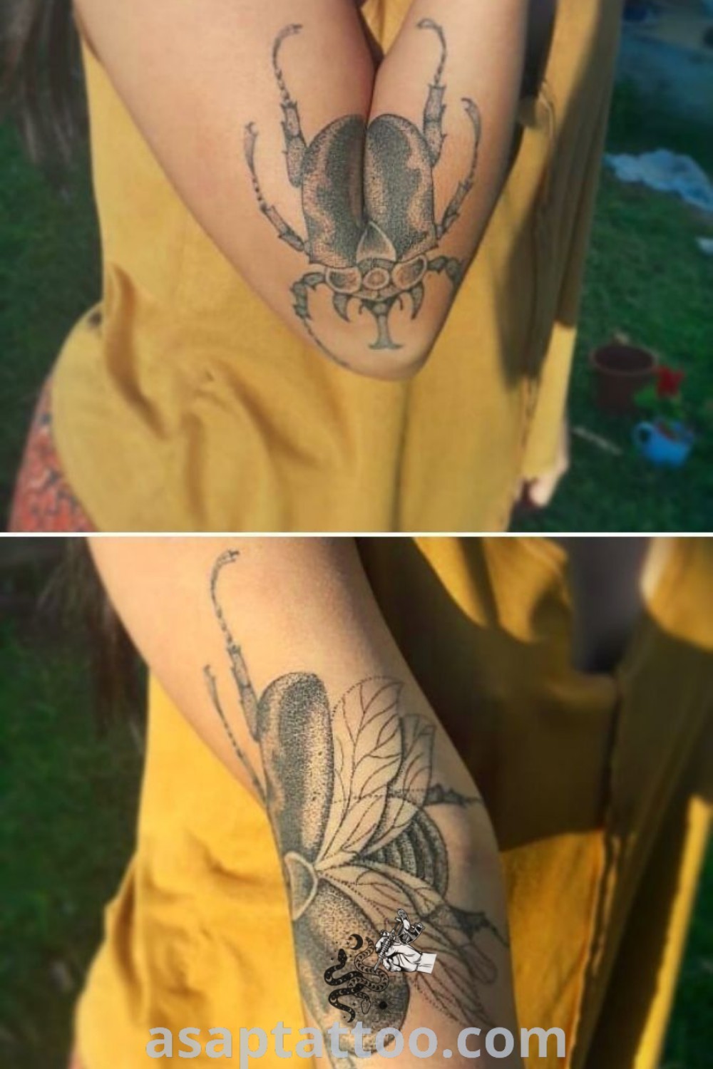 Dynamic moth and insect tattoos including the Moth Opening Knee Tattoo and Elbow Beetle Tattoo. Elegant, inspiring designs that move with you, perfect for your next ink inspiration. Explore more at asaptattoo.com.