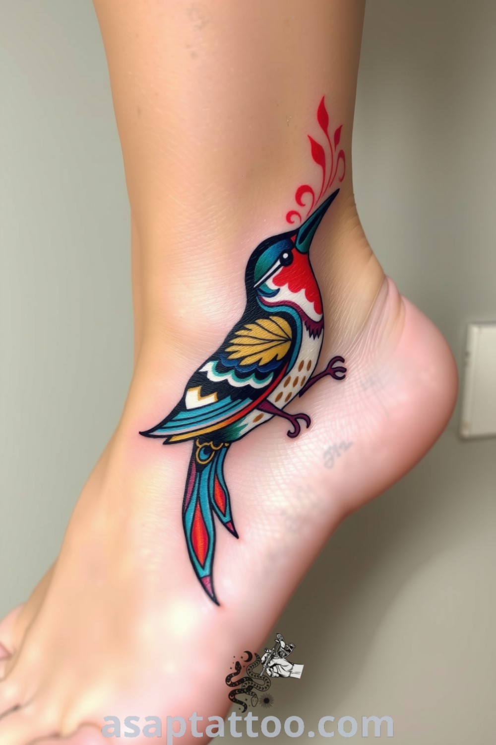 Folk art bird tattoo elegantly wrapping around an ankle, featuring intricate patterns and vivid colors with bold linework. A gorgeous design that embodies freedom and personal meaning, you must see this amazing tattoo idea at asaptattoo.com.
