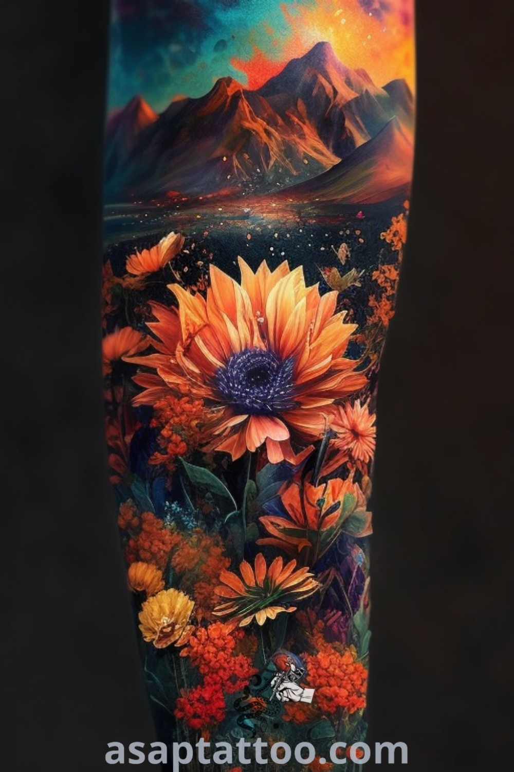 An arm tattoo with flowers and mountains in the background, showcasing a colorful design perfect for nature-inspired tattoo sleeve ideas. Discover more captivating tattoo inspiration at asaptattoo.com.