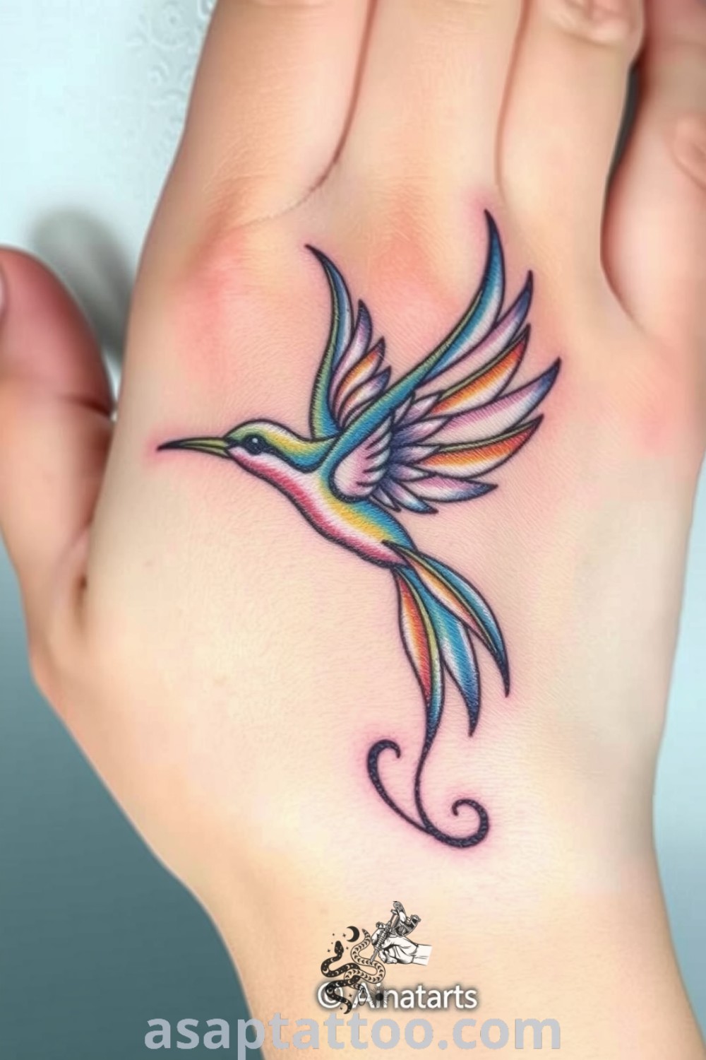 A fantasy bird tattoo with intricate linework in blue and gold shades, symbolizing freedom and transformation. This design is among the best tattoo ideas you have to see to believe. asaptattoo.com