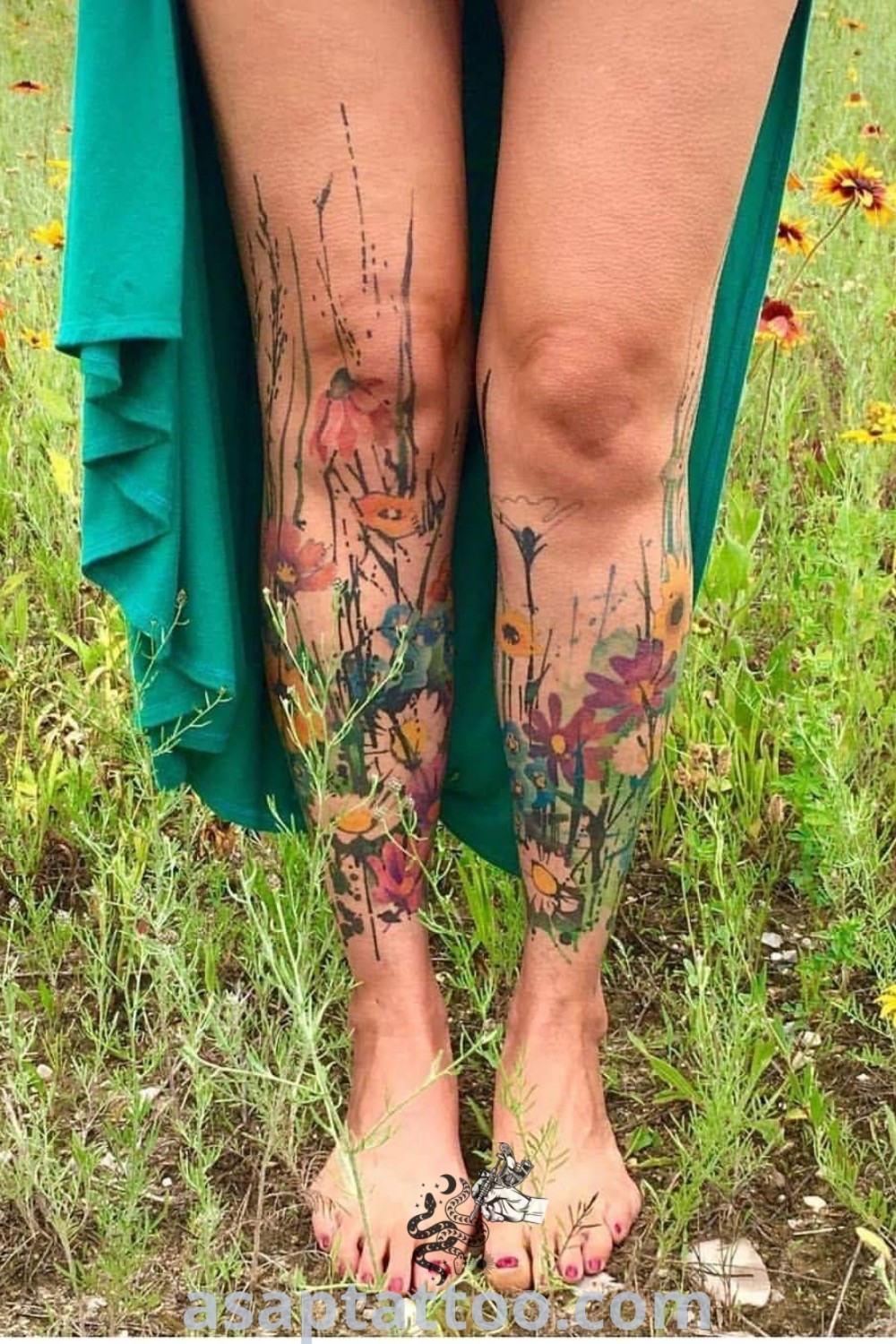 Floral leg tattoos featuring beautiful designs on a woman