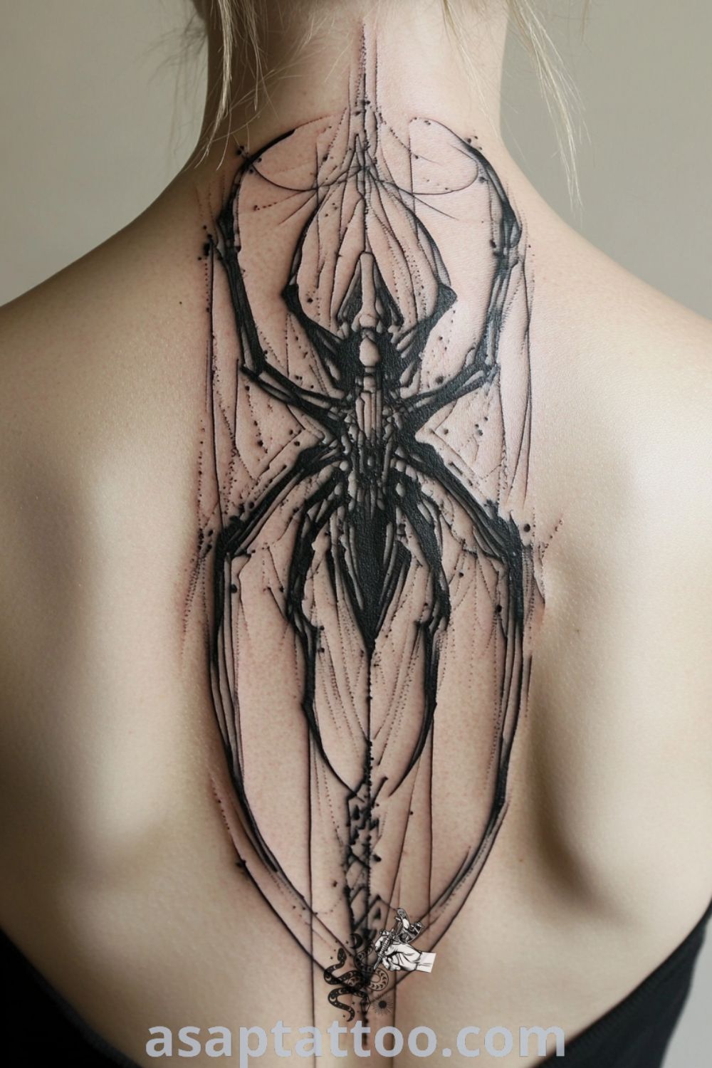Futurist spider tattoo with intricate lines and shading, combining danger and beauty, a gorgeous design idea to inspire you to get inked. asaptattoo.com