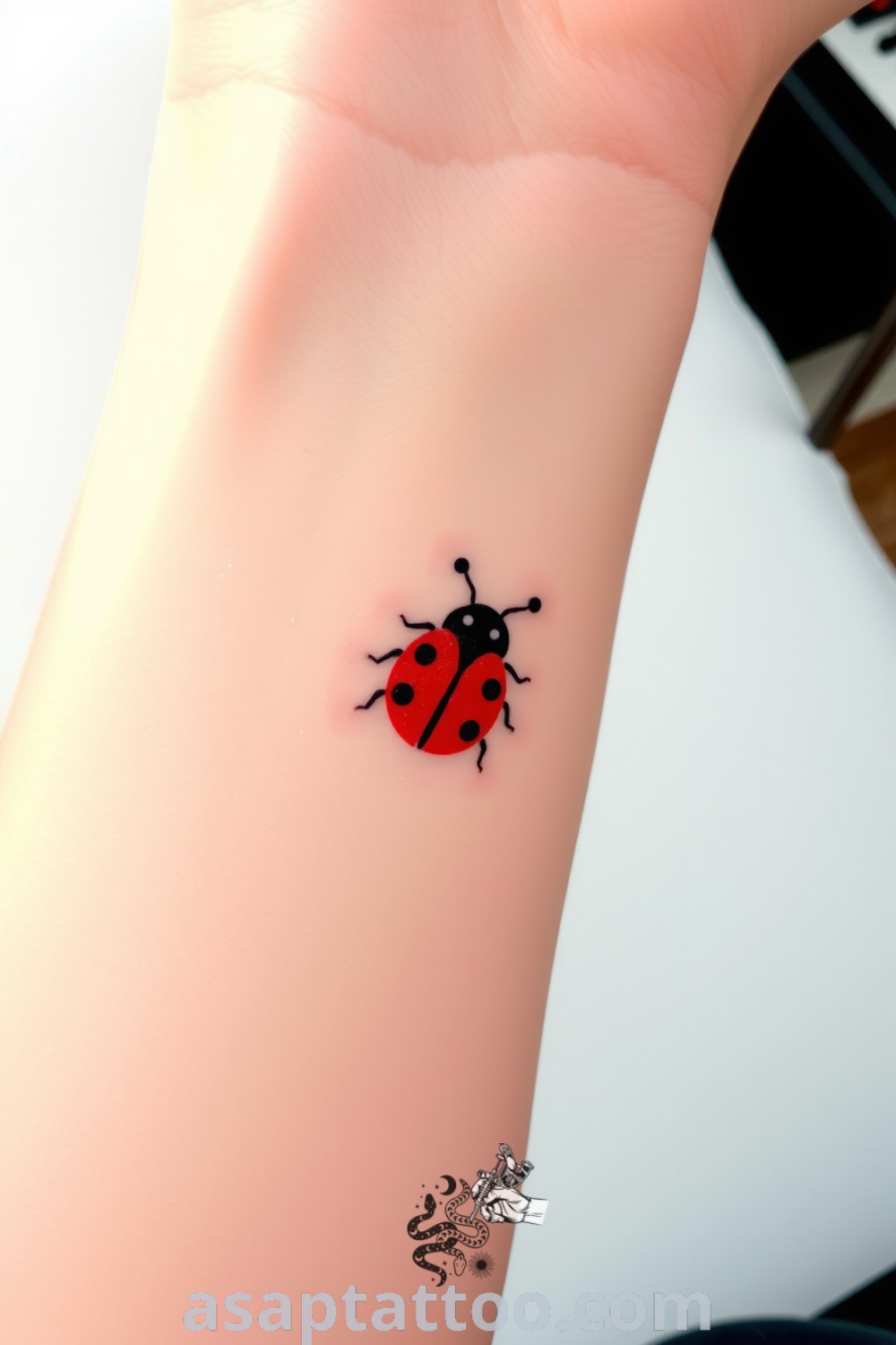 Minimalist ladybug tattoo with clean lines and vibrant red color, symbolizing good luck and transformation. A gorgeous tattoo idea you must see to believe. asaptattoo.com