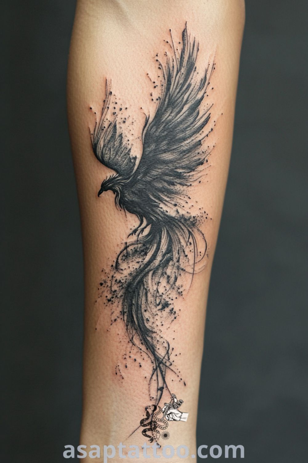 Ink wash phoenix tattoo on forearm with black and gray gradients, showcasing elegant wings and feathers. A gorgeous design that embodies resilience and transformation, perfect for those seeking inspiring tattoos with meaning. asaptattoo.com