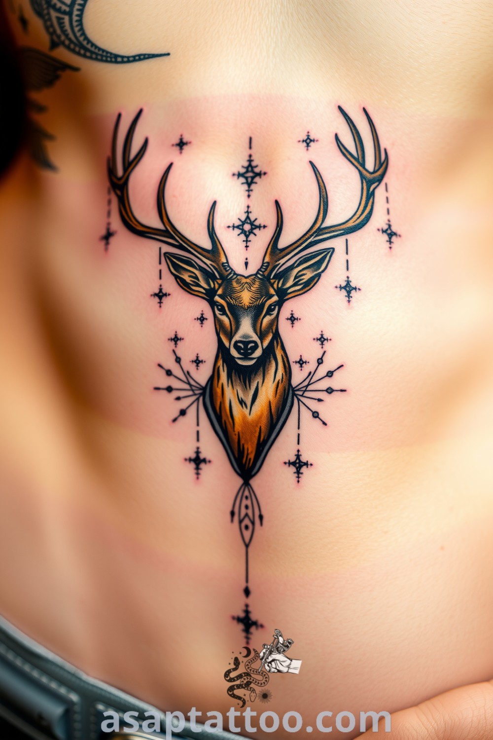 Surreal deer tattoo with intricate linework and ethereal elements, featuring warm browns and deep blacks, creating a dreamlike quality. An amazing tattoo idea to inspire you to get inked. asaptattoo.com