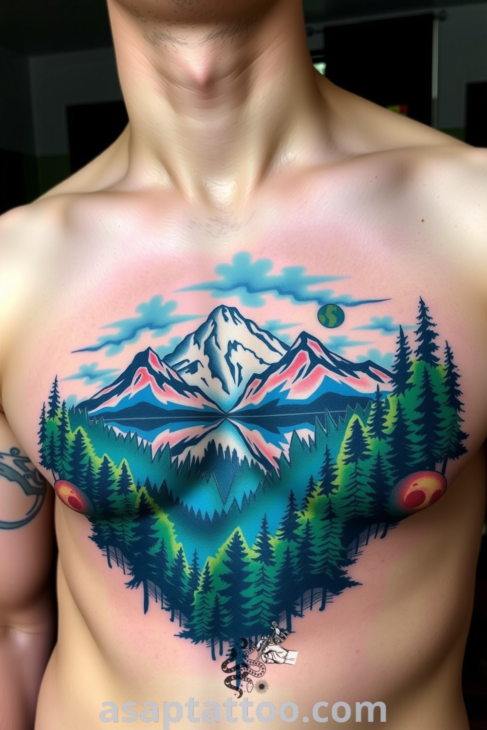 Neo-traditional tattoo depicting majestic mountains and a lush forest in vibrant greens and deep blues, with intricate linework and smooth gradients. An amazing tattoo idea that will inspire you to get inked. asaptattoo.com