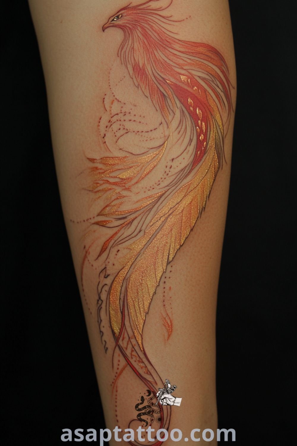 Whimsical phoenix tattoo on the upper arm with vibrant reds and golds, showcasing artistic flame-like feathers and intricate detail. A stunning tattoo idea that will inspire you to get inked. asaptattoo.com