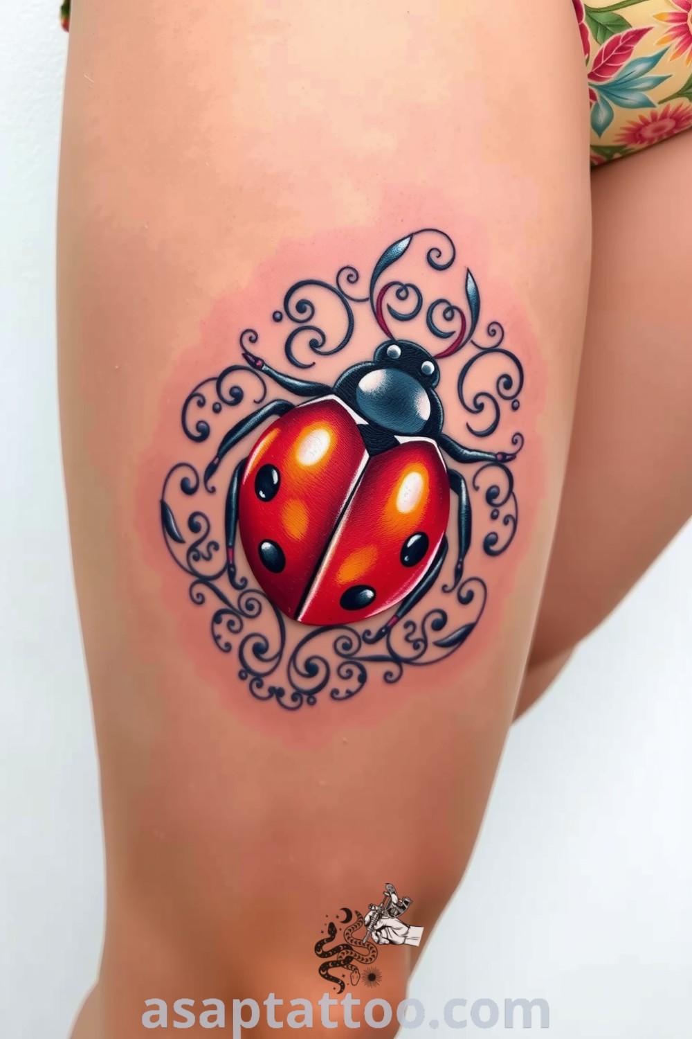 Ornamental ladybug tattoo with intricate linework, vivid colors, and elegant filigree patterns, showcasing a playful design that evokes nature
