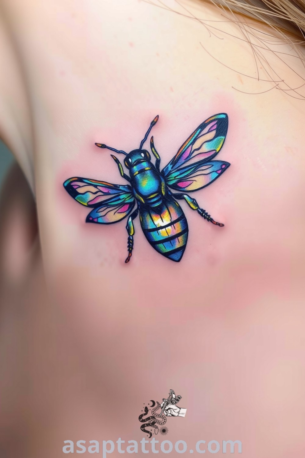 Holographic bee tattoo with iridescent wings in blue, purple, and gold, featuring intricate linework and shading for depth. A gorgeous tattoo idea that will inspire you to get inked. asaptattoo.com