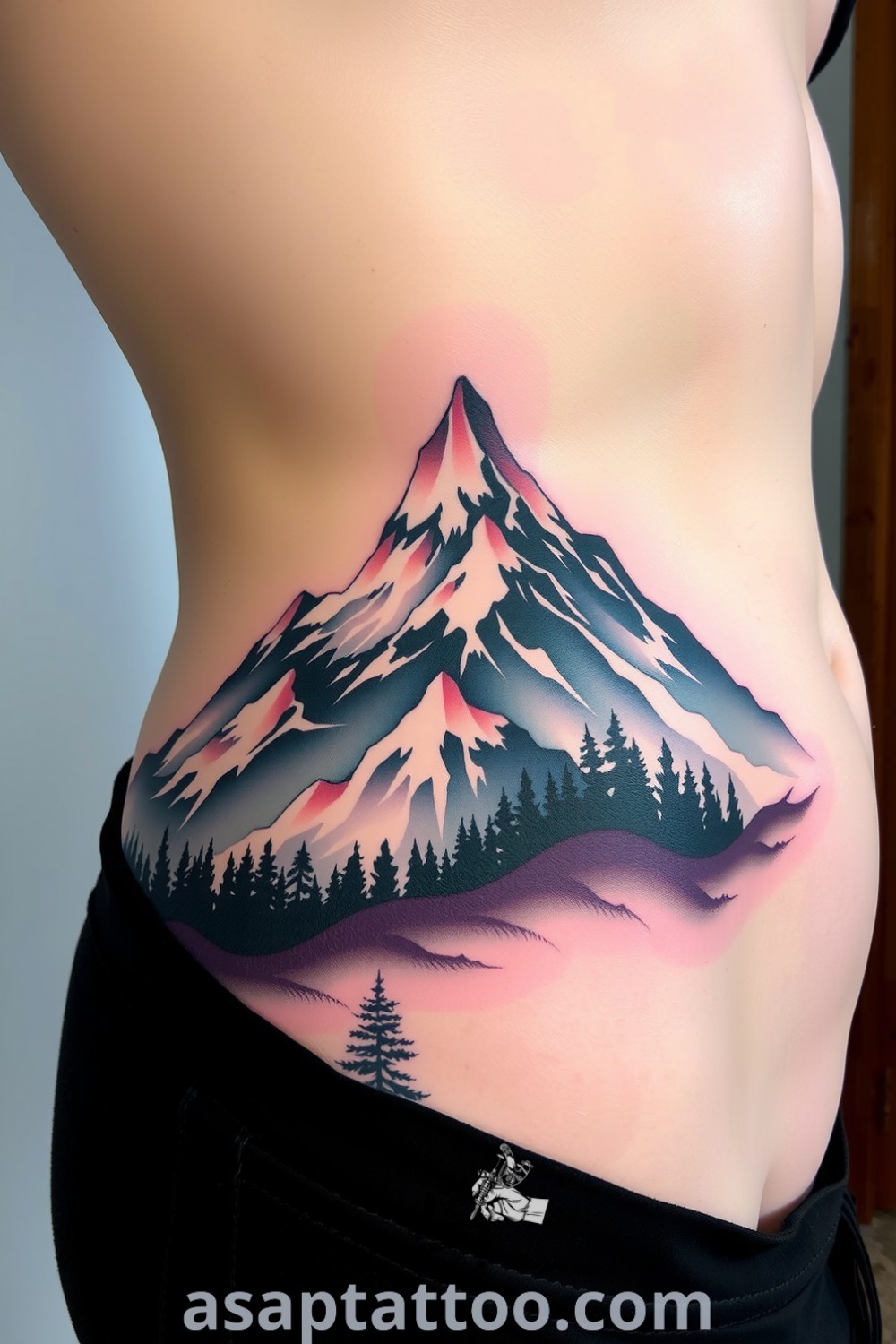 Japanese-style mountain and forest tattoo with intricate linework and rich colors, creating depth and tranquility. A gorgeous tattoo idea you must see to believe. asaptattoo.com