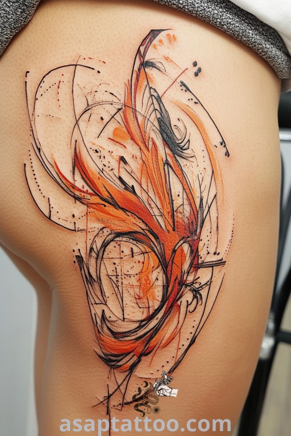 Abstract phoenix tattoo with vibrant reds and oranges, featuring intricate linework and a dynamic design that symbolizes rebirth. A gorgeous tattoo idea you must see to believe. asaptattoo.com