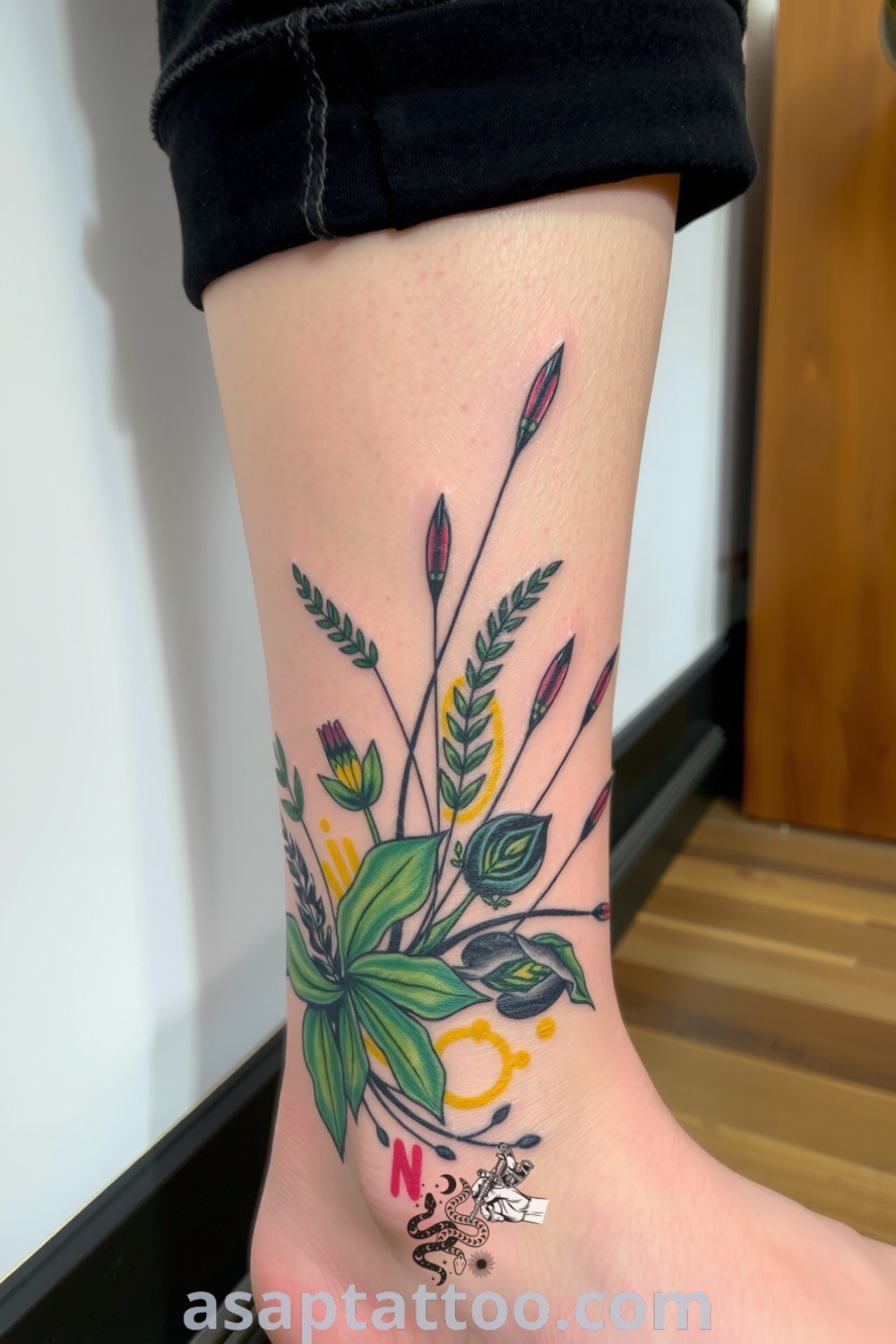 Mixed-media plant tattoo wrapping around the ankle, showcasing vibrant ink splashes and a torn-paper effect with intricate linework in lush greens and earthy tones. A gorgeous tattoo idea you must see to believe. asaptattoo.com