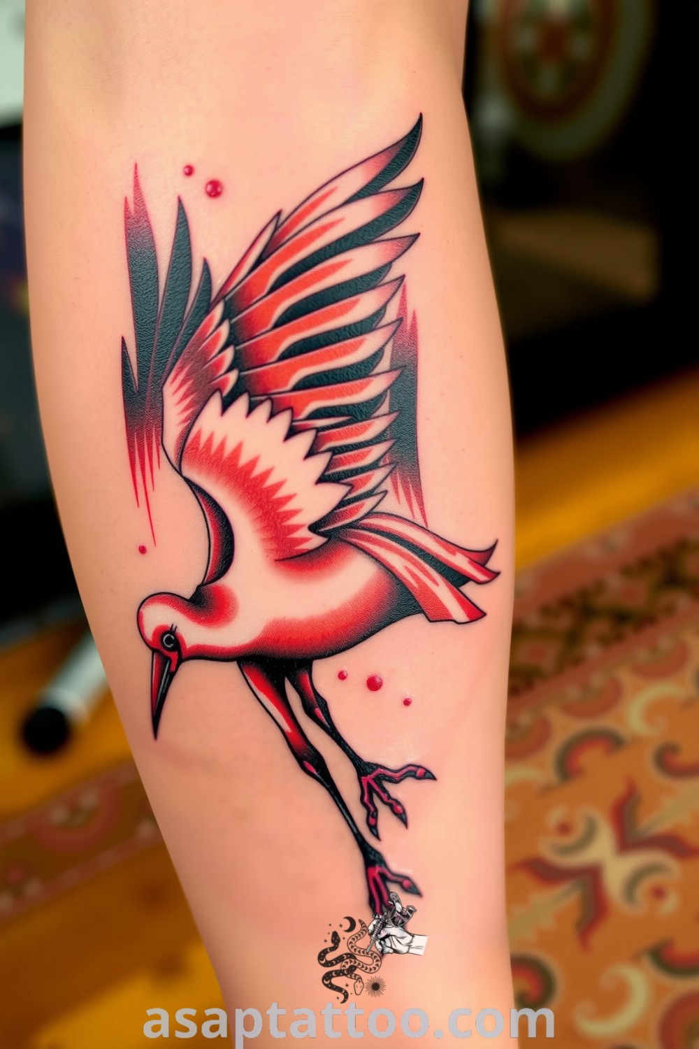Tattoo of a crane in flight with intricate feathered wings in vibrant colors, showcasing the best tattoo ideas you have to see to believe. asaptattoo.com