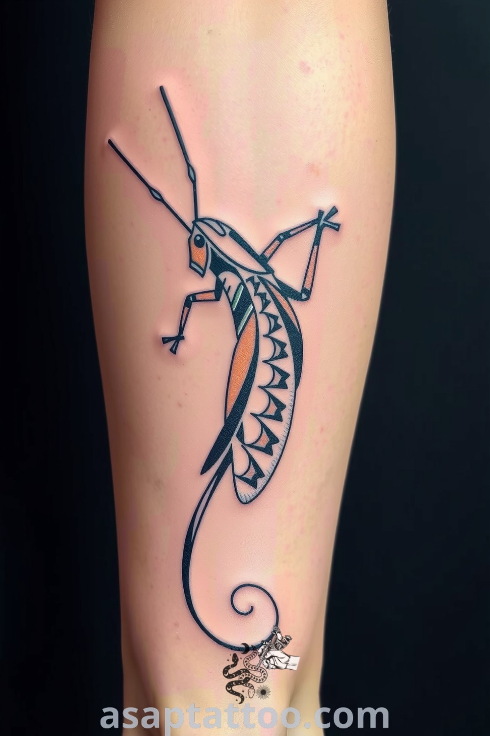 Abstract grasshopper tattoo with intricate linework and bold shapes, showcasing a stunning design that inspires and captivates. A gorgeous tattoo idea you will absolutely love. asaptattoo.com